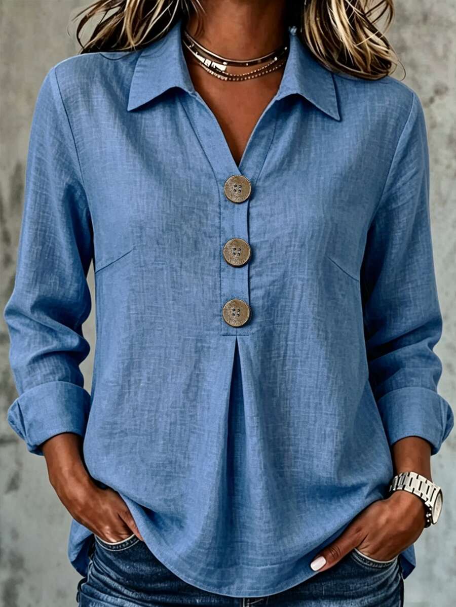 Holdful Holdful New Style Lapel V-Neck Design Versatile Button-Down Women's Shirt - Blue - View 1