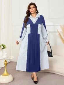 Lacomfia Plus Size Women's Patchwork Striped Utility Pocket Casual Loose Shirt Dress - Blue - View 5