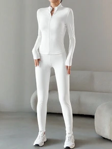 SHEIN EZwear 黑色兩件式運動服裝套裝 拉鍊外套與緊身褲 - 白色 - 查看 6