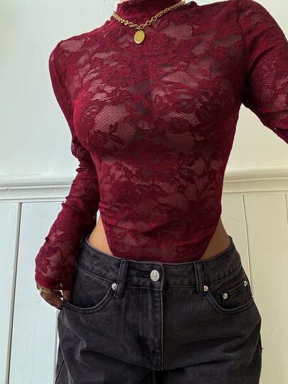 SHEIN EZwear Burgundy Lace Women's Fitted Long Sleeve Bodysuit, Autumn/Winter