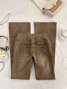 SHEIN PETITE Celana Jeans Wanita Ukuran Petite Pinggang Rendah Model Flare Denim Cuci - Coklat - View 2