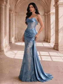 Coutiva Women's Sexy Fishbone Fitted Ruched Lace Formal Evening Gown Dress - Lake Blue - View 5