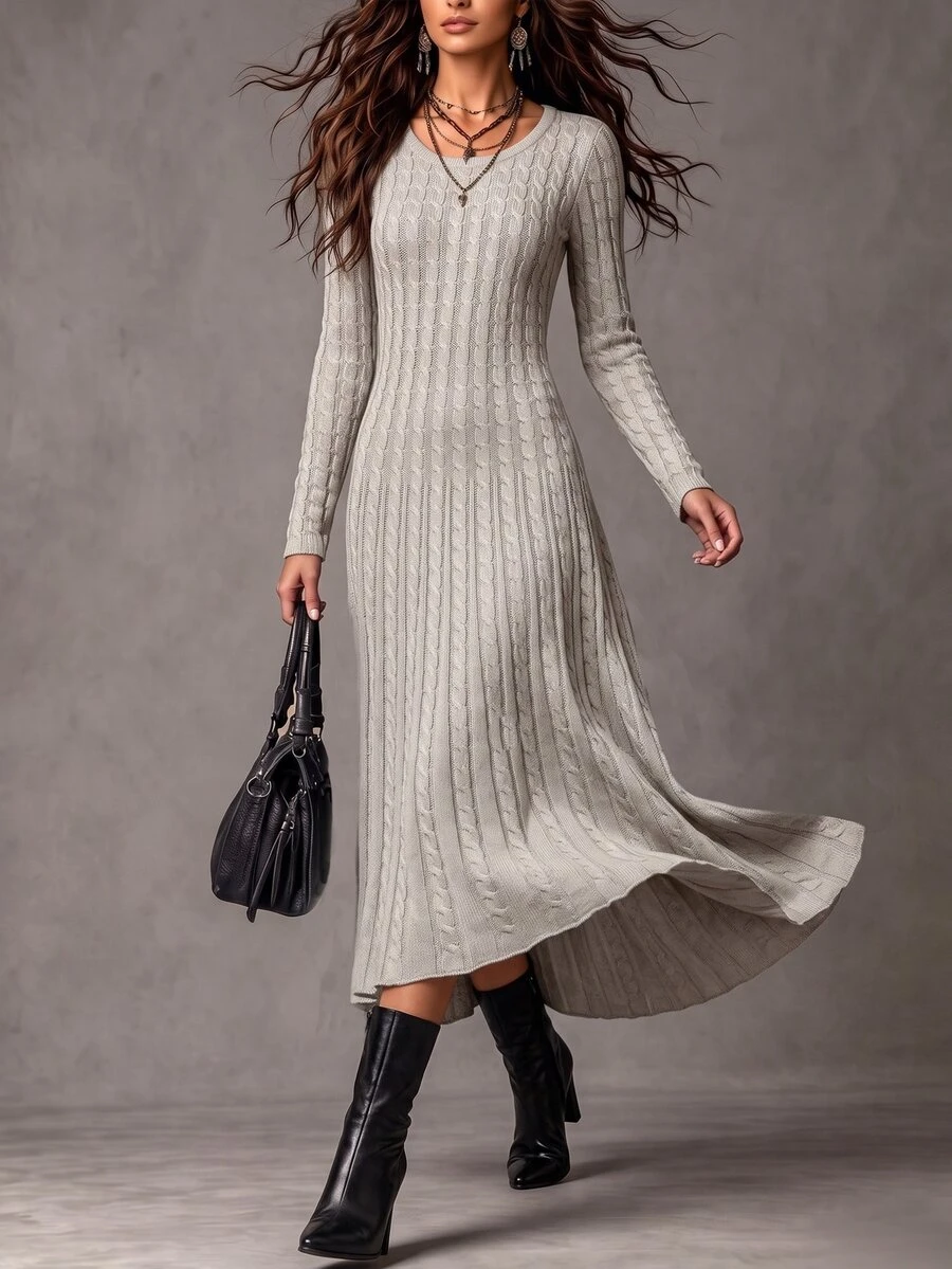 Breezaya Women's Street Style Cable Knit Long Sleeve Minimalist Sweater Dress - White - View 1