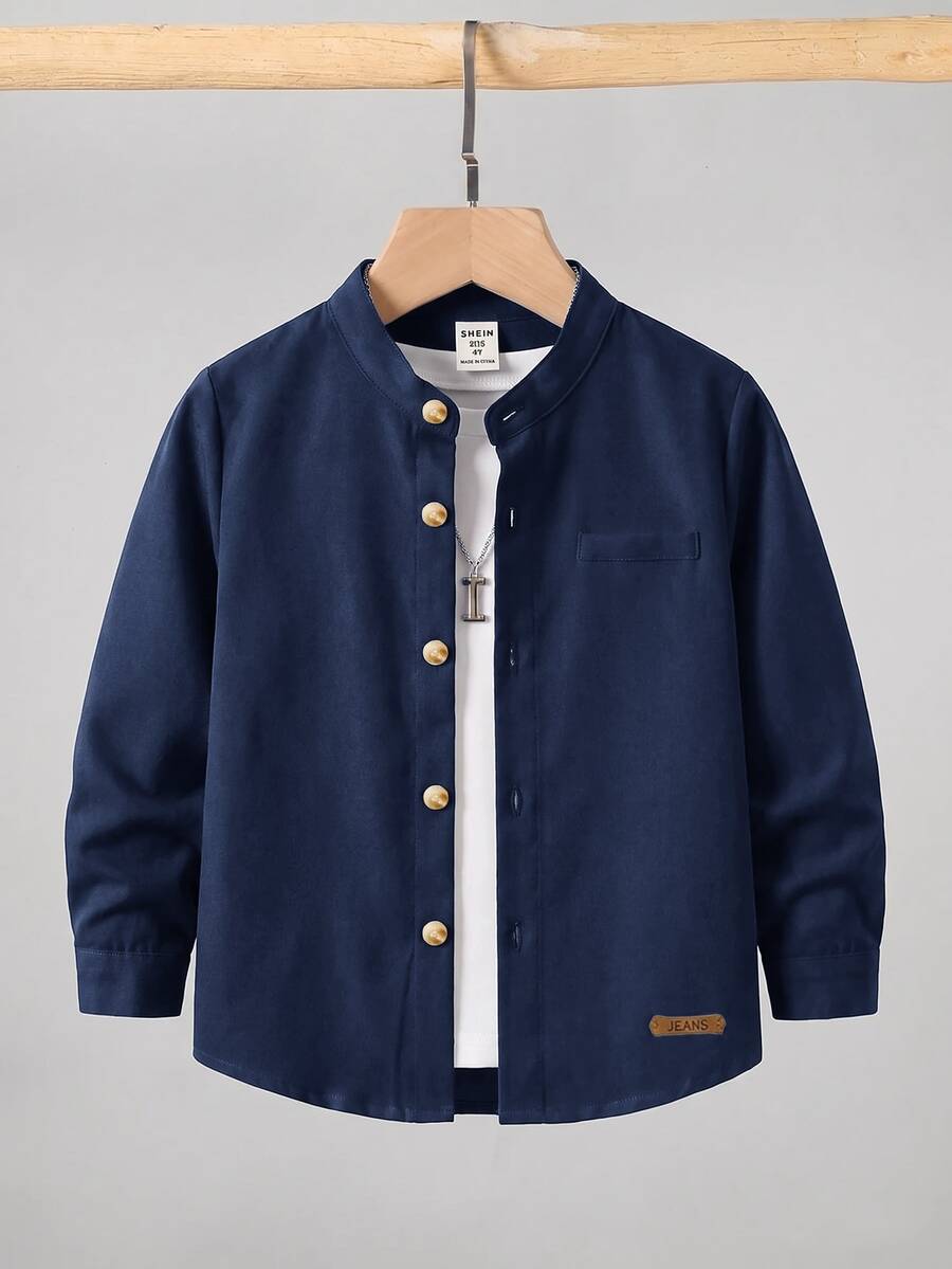 SHEIN 兒童青少年男孩秋冬服飾上衣襯衫,白色立領長袖梭織襯衫 - 藏蓝色 - 查看 1