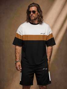 Fenqiro Men's Striped Colorblock Short Sleeve T-Shirt And Letter Print Shorts Set - Multicolor - View 1