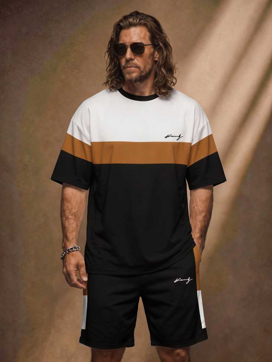 Fenqiro Men's Striped Colorblock Short Sleeve T-Shirt And Letter Print Shorts Set - Multicolor - View 1