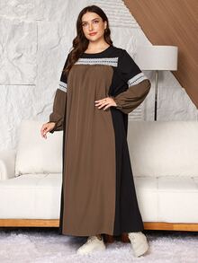 SHEIN Najma Plus Size Women's Loose Casual A-Line Round Neck Contrast Color Lace Puff Long Sleeve Patchwork Long Dress, Autumn - Black - View 4