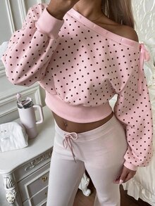 CovetEZ 女款時尚不對稱肩領蝴蝶結裝飾波點短版運動衫 - 淺粉色 - 查看 1