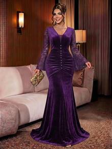 Comfylo Women's Plus Size Lace Patchwork Bell Sleeve Pearl Decor Long Party Elegant Dress - Purple - View 4