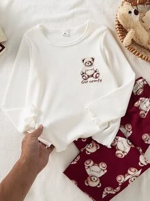 طقم ملابس منزلية للبنات الصغيرات مكون من ملابس علوية بأكمام طويلة وبنطال بطبعة دب مضلع - متعدد الألوان - مشاهدة 5