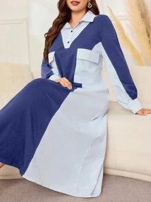 Lacomfia Plus Size Women's Patchwork Striped Utility Pocket Casual Loose Shirt Dress - Blue - View 6