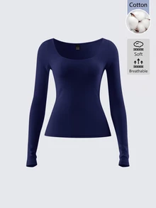 SHEIN BASICS 女款純色方領長袖修身簡約百搭 T-shirt，日常穿搭，海軍藍，秋冬保暖 - 藍色 - 查看 3