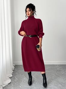 SHEIN Tall CURVE 大尺碼女款秋冬休閒優雅寬鬆高領拉鍊袖針織長洋裝 正式辦公波爾多紅 - 酒紅色 - 查看 1