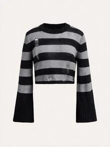 SHEIN EZwear 條紋復古風喇叭袖針織衫 秋冬款 - 黑色 - 查看 5