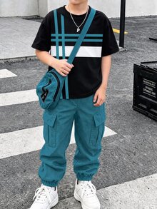 SHEIN 男童 2 件套套裝：條紋馬匹印花 T 恤與工裝長褲，黑棕對比色，圓領短袖 - 彩色 - 查看 1