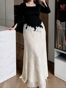 Modelyn 大尺碼雙色方領蕾絲喇叭下擺洋裝 - 彩色 - 查看 9