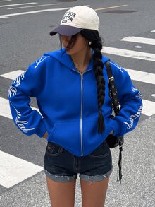 Muchica 女款休閒舒適字母印花運動衫 - 寶藍色 - 查看 3