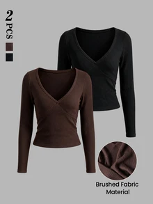 Sweetra 2pcs Women's Black & Brown Long Sleeve - Multicolor - View 1