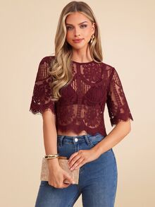 Amorya 女款優雅蕾絲短袖寬鬆黑色上衣，適合婚禮季、約會、春夏季 - 酒紅色 - 查看 3