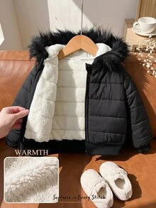 SHEIN 女嬰人造毛飾邊連帽長袖厚棉外套，適合滑雪、戶外、徒步、出遊、度假及各種場合，休閒百搭時尚 - 黑色 - 查看 3