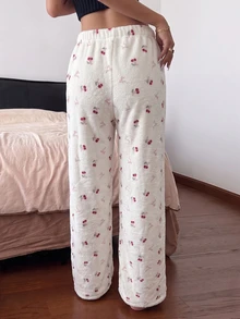 Napfluff Women's Flannel Pajama Pants With Waistband Bow Decor, Cherry & Bow Print - Multicolor - View 2