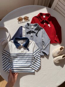 SHEIN 3件組男嬰秋冬休閒針織軟領短袖套頭 Polo 衫套裝，紅色 Polo 衫 - 彩色 - 查看 5