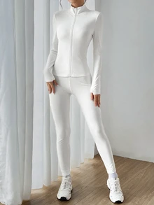 SHEIN EZwear 黑色兩件式運動服裝套裝 拉鍊外套與緊身褲 - 白色 - 查看 3