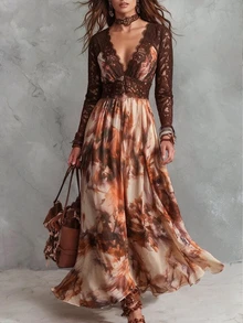 LUMIGAL Deep Brown Lace V-Neck Long Sleeve Cinched Waist Full Skirt Ink Wash Chiffon Bohemian Maxi Dress - Multicolor - View 3