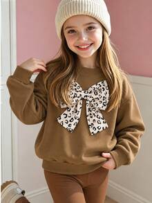 SHEIN Genkimix Kids 女童秋冬保暖抓絨衛衣 豹紋大蝴蝶結裝飾 休閒套頭衫 - 棕色 - 查看 1