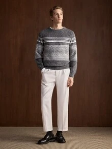 Manfinity CityGents Men's Striped Pattern Long Sleeve Crew Neck Versatile Daily Sweater,Old Money Holiday /Vacation Autumn Comfortable For Daily Outings And Activities - Light Grey - View 5