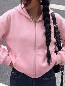 Muchica 女款純色拉鍊前襟字母印花雙口袋休閒寬鬆長袖運動衫 - 粉色 - 查看 7