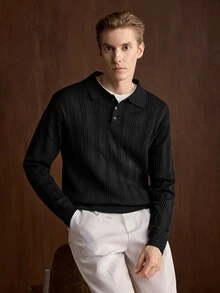 Manfinity CityGents 歐美新博主風時尚設計成熟休閒男士 Polo 領套頭針織毛衣，深黑色針織上衣，適合辦公工作，秋季穿著 - 黑色 - 查看 1