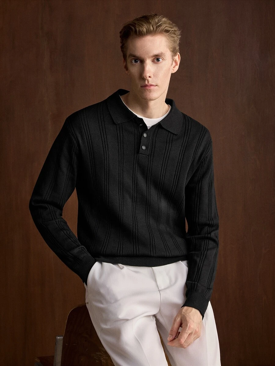 Manfinity CityGents 歐美新博主風時尚設計成熟休閒男士 Polo 領套頭針織毛衣,深黑色針織上衣,適合辦公工作,秋季穿著 - 黑色 - 查看 1