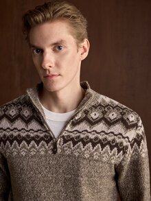 Manfinity CityGents 男士 Fair Isle 針織落肩長袖 1/4 拉鍊毛衣，適合日常中性穿著，老錢風秋季棕色，舒適適合日常外出 - 棕色 - 查看 7