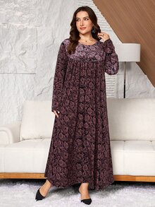 Lacomfia Casual Minimalist Velvet Full Print Round Neck Long Sleeve Loose Regular Fit Spring Autumn Plus Size Dress - Multicolor - View 7