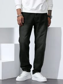 Manfinity Homme Men's Plus Size Washed Black Denim Straight Leg Jeans - Black - View 4