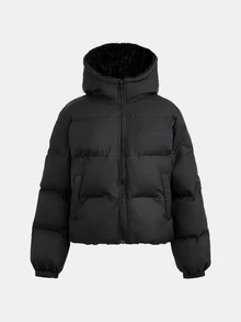 SHEIN 青少年女孩冬季外套，黑色時尚百搭連帽短夾克，厚抓絨內裡，法式短版設計，休閒街頭風，適合多種場合，返校季女孩夾克，女孩冬季夾克 - 黑色 - 查看 3