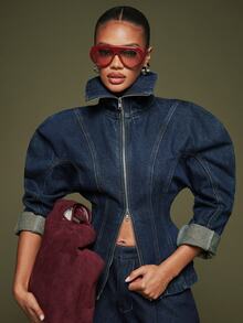 Hauture Women's High Neck Zipper Streetwear Denim Jacket - Dark Wash - View 1
