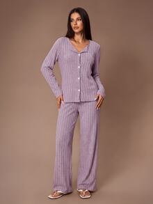 Lazeform Women's Knit Ribbed Brushed Fabric Minimalist Casual Fashion Open Front Long Sleeve Long Pants Spring Autumn Winter Wearable Pajama Set - Mauve Purple - View 2