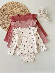SHEIN 3pcs/Set Baby Girl Cute Ditsy Floral Fleece Elastic Crew Neck Cap Sleeve Long Sleeve Bodysuit Multi-Piece Set Suitable For Winter - Multicolor - View 5