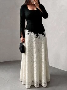 Modelyn 大尺碼雙色方領蕾絲喇叭下擺洋裝 - 彩色 - 查看 6