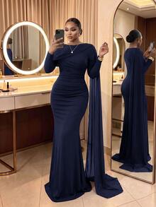 SHEIN Lady CURVE Plus Size Women's Fashion Elegant Round Neck Bow Design Long Sleeve Fitted Dress Fall - Navy Blue - View 4
