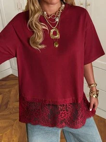 SHEIN EZwear 女款圓領素色蕾絲拼接時尚休閒T恤 - 酒紅色 - 查看 5