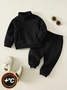 SHEIN 中性嬰兒男/女童、幼兒秋冬保暖內裡加厚休閒可愛運動風立領運動衫套裝，嬰兒運動服，嬰兒冬季衣著/套裝 - 黑色 - 查看 1