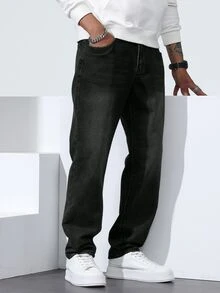 Manfinity Homme Men's Plus Size Washed Black Denim Straight Leg Jeans - Black - View 3