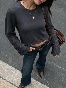 Autumina Charcoal Grey Round Neck Hollow Out Polar Fleece Women's Sweater - Dark Grey - View 1