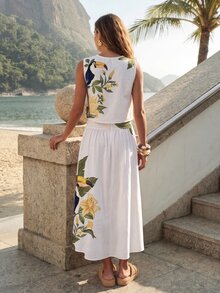 CAJUNI Elegant Skirt And Tank Top Set With Tropical Toucan And Floral Print - Multicolor - View 2