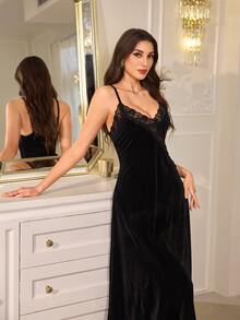 LuxeNights Black Velvet Striped Lace Patchwork Decor Women's Long Camisole Loungewear Dress - Black - View 7