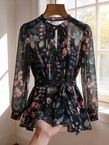 SHEIN Clasi 女款時尚立領主教袖百褶印花襯衫 - 黑色 - 查看 1