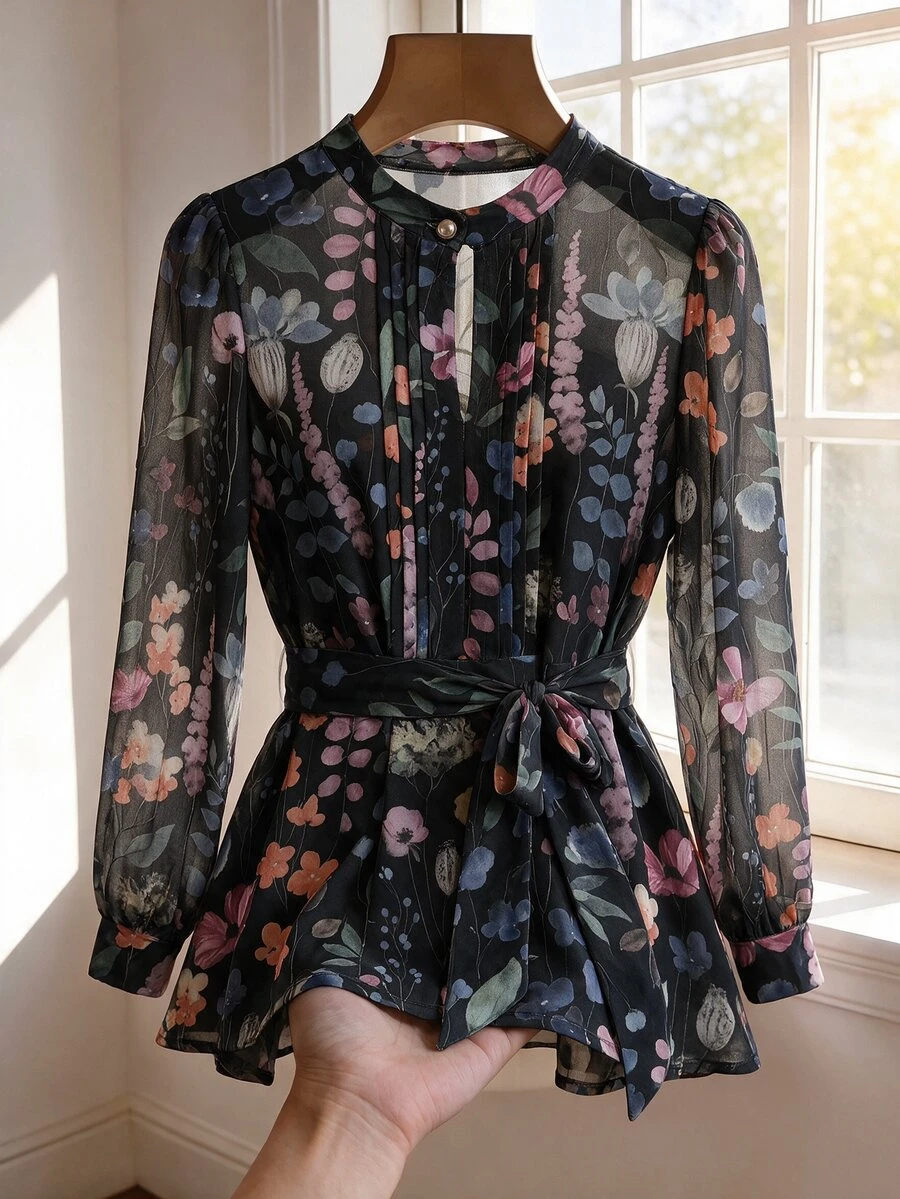 SHEIN Clasi 女款時尚立領主教袖百褶印花襯衫 - 黑色 - 查看 1